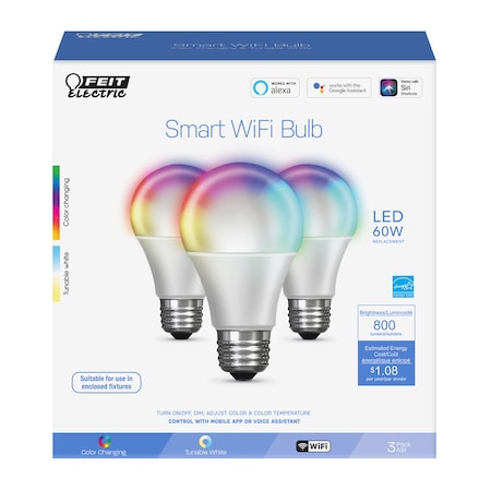 Feit Electric Feit Smart Home A19 E26 (Medium) Smart-Enabled LED Bulb Color Changing 60 Watt Equivalence 3 pk OM60RGBWCAAG3